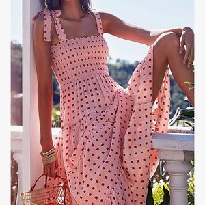 Pink/Red Sleeveless Dress - Tie Straps, ruched bodice, tired skirt - SIZE M